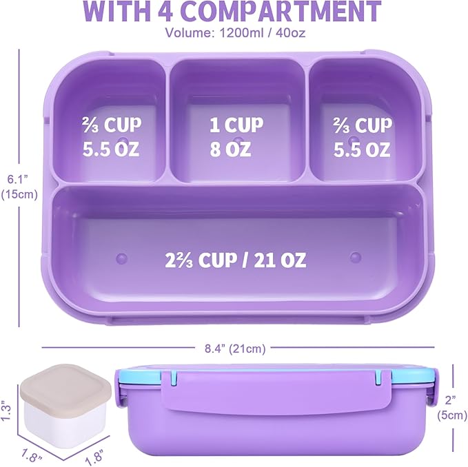 shell and turtle Bento Box for Kids Girls Boys, Bento Box Adult Lunch Box with 4 Compartments, Lunch Containers with Utensils, Sauce Jar, Muffin Liners for School, 40 Oz/5 Cup, Purple
