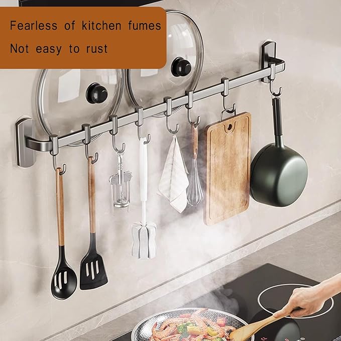 Rail Rack Organizer Self Adhesive Kitchen Utensil Rack Aluminum Wall Mounted Hanging Rail 8 Removable Hooks Pots Pans Spoons Knives,Black,45cm