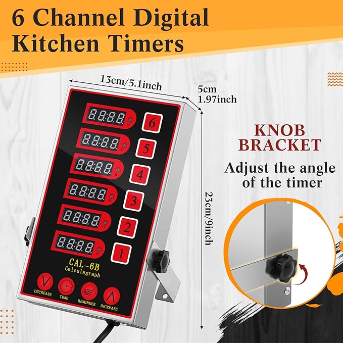 Relaxweex 1 Pack Commercial 6 Channel Digital Kitchen Timer, Multi-Countdown Timer with Loud Alarm & Large LCD Display, Wall Mount or Countertop for Restaurant, Fry Station, Baking & Lab Use