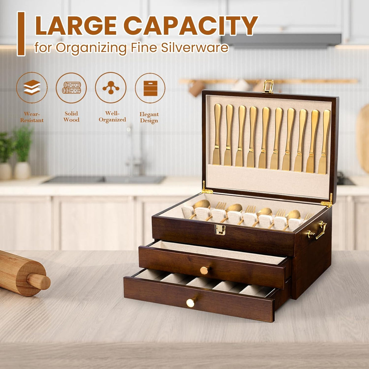 Silverware Storage Box, 3-Layer Flatware Storage Case with Drawer, Wooden Silverware Chest with Handle and Linen Liner, Rustic Silverware Case for Storing Fine Flatware and Utensils (Walnut)