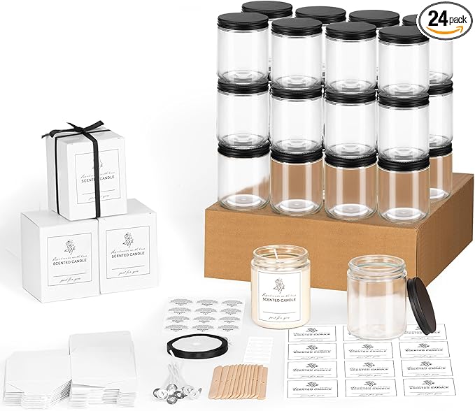 24 Pack 8OZ Thick Glass Jars with Metal Lids,Candle Jars for Candle Making with Kits & Labels & Gift Box,Empty Glass Jars for Food Storage,Canning, Spices, Liquids