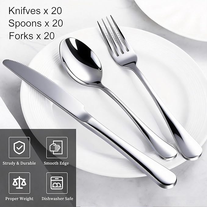 60-Piece Silverware Set for 20 - Stainless Steel Flatware Cutlery Set, Mirror Polished Flatware Set Include Forks Spoons Knives for Home Wedding Restaurant, Dishwasher Safe, Silver, 60 PCS
