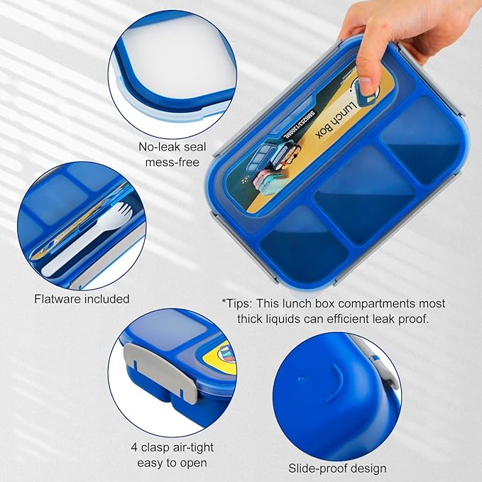MaMix Bento Box Adult Lunch Box, Lunch Box Kids, Lunch Containers for Adults/Kids/Students,1300ML-4 Compartment Bento Box (bright blue)