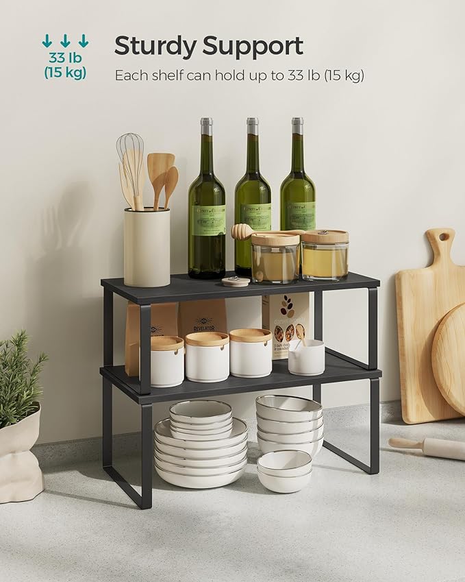 SONGMICS Cabinet Organizer Shelf, Set of 4 Kitchen Counter Shelves, Kitchen Storage, Spice Rack, Stackable, Expandable, Metal and Engineered Wood, Ink Black and Ebony Black UKCS028B01