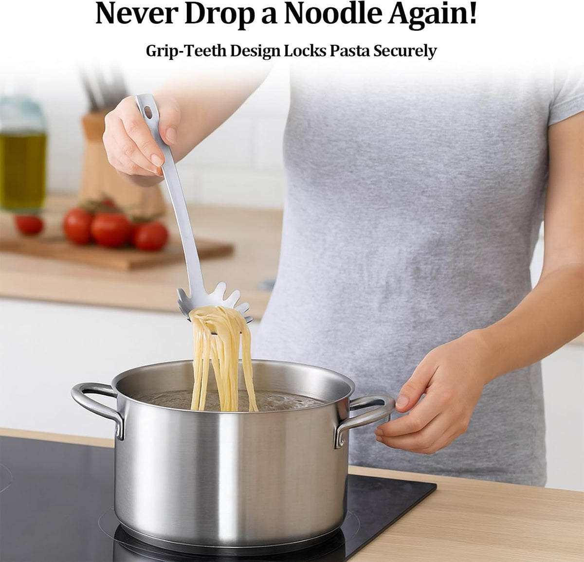 Stainless Steel Pasta Spoon with Teeth Pasta Server & Spaghetti Spoon with Drain Holes for Noodles, Pasta, Cooking & Serving (Silver)