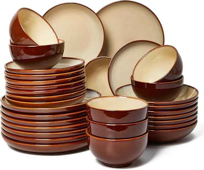 32 Piece Double Bowl Dinnerware Sets with Pasta Bowls, Highly Chip and Crack Resistant Plates and Bowls Sets, Natural Earthyware Ceramic Dishware Sets, Service for 8 Brown Yellow