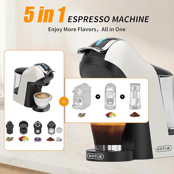KOTLIE EM-308B Espresso Machine, Single Serve Coffee Maker Compatible with Multiple Capsule Types, Ground Coffee, and ESE Pods, 3 Temperatures, 7 Water Volume Levels, 34 Oz（White）
