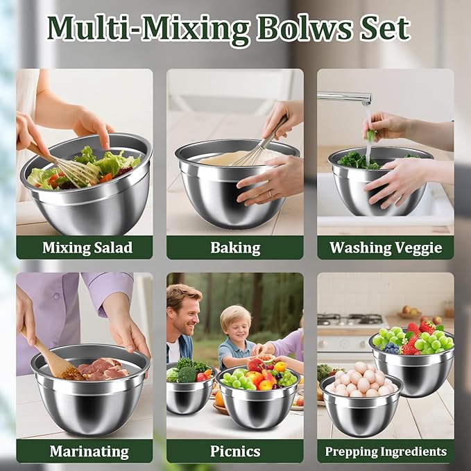 Nicdiet Mixing Bowls with Lids Set, 16PCS Stainless Steel Mixing Bowls,Nesting Storage Bowls for Kitchen with Mixing Bowl, Colander, Strainer & Grater, Metal Salad Bowl for Kitchen Gadgets, Black