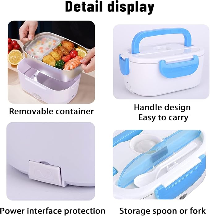 Electric Lunch Box 2 In 1 Food Heater 12V 24V 110V Portable Food Warmer for Car and Home Removable Stainless Steel Heated Bento Box (Blue)