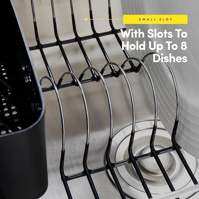 Sweet Home Collection 2 Piece Dish Drying Rack Set Drainer with Utensil Holder Simple Easy to Use Fits in Most Sinks, 14.5" x 13" x 5.25", Black