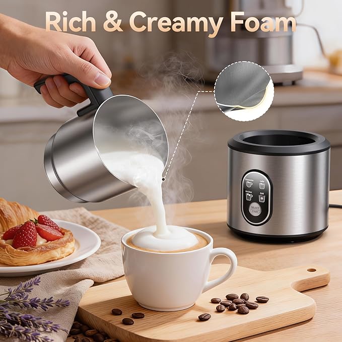 Milk Frother and Steamer with Heating Function - 4-in-1 Automatic Hot & Cold Milk Frother and Warmer, 24Oz/700ML Detachable Stainless Steel Jug with Transparent Lid