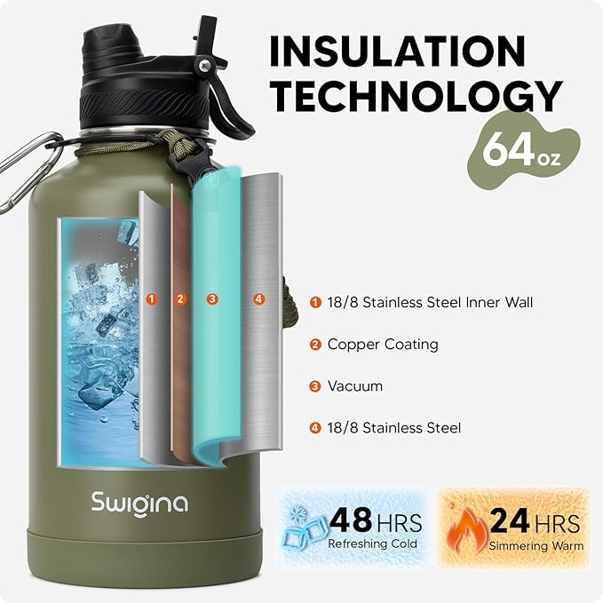 Swigina [2-IN-1 LID] 64 oz Insulated Water Bottle with Silicone Boot (48hrs Cold/24hrs Hot) - DIY Stickers, Leakproof, BPA Free, Half Gallon