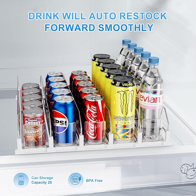 Dayacoco Drink Organizer for Fridge,5 Rows Fridge Soda Can Organizer,20oz 16oz 12oz-Self Pushing Soda Dispenser for Fridge,Adjustable Width-Holds up to 25 Cans,White