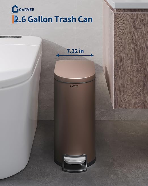 2.6 Gallon Bathroom Trash Can with Lid, Slim Step Pedal Garbage Bin, Stainless Steel Wastebasket with Soft-Close Lid, Removable Inner Bucket & Rear Handle for Bathroom, Office & Small Spaces-Brown