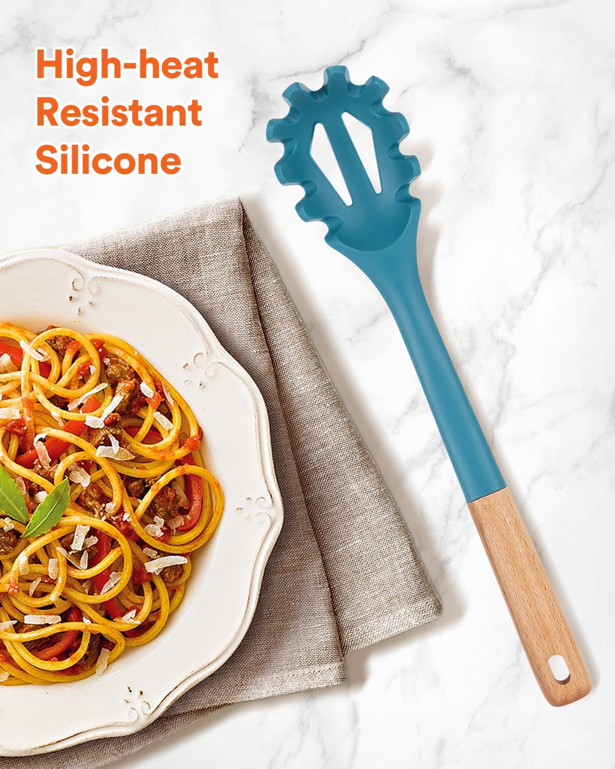 Silicone Pasta Fork, Kitchen Heat Resistant Noodle Spoon Server, BPA Free Spaghetti Strainer,12.8 inch (BLUE)