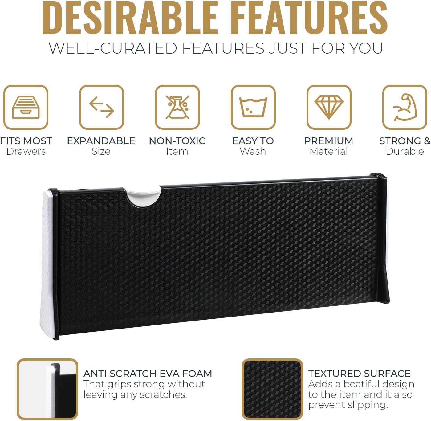RAPTUROUS Adjustable Drawer Dividers 8 Pack, 4” High, 11-17” Long, Dresser Drawer Organizer for Bedroom, Closet, Kitchen, Nursery, Office, Strong Hold, Soft Foam Edges, Black
