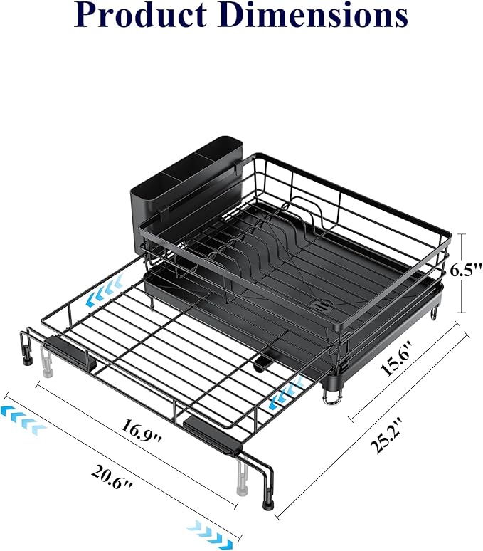 Kitsure Extendable Dish Drying Rack - Rust-Resistant Dish Racks for Kitchen Counter with Adjustable Support Legs, Cutlery Holder & Removable Draining Tray (Black, 15.6''-25.2''L × 16.9''W × 8.1''H)