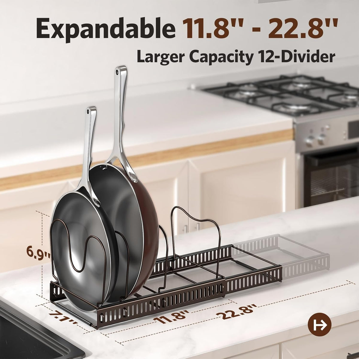 ORDORA Pots and Pans Organizer under Cabinet with Pan Holder: Expandable 11.8"-22.8" Kitchen Cabinet Organizer Rack, 12 Adjustable Dividers Storage for Cookie Sheets, Cutting Boards & Lid, Bronze