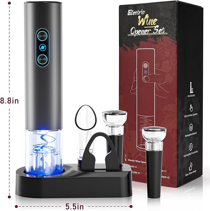 Electric Wine Opener, Rechargeable Cordless Wine Accessories, Stainless Steel Cordless Automatic Wine Bottle Corkscrew with Vacuum Stoppers, Foil Cutter for Home Party Wedding, Bars(Gray)