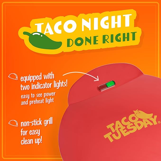 Taco Tuesday Deluxe 8-Inch 6-Wedge Electric Quesadilla Maker with Extra Stuffing Latch, Red