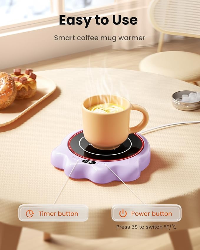 Gaiatop Mug Warmer, 50W Cute Cat Paw Cup Warmers, 3 Temp Settings, 2-10H Auto Shut Off, Coffee Accessories Keep Beverage Hot for Desk and Home, Heated Plate Stocking Stuffers for Tea Candle Purple