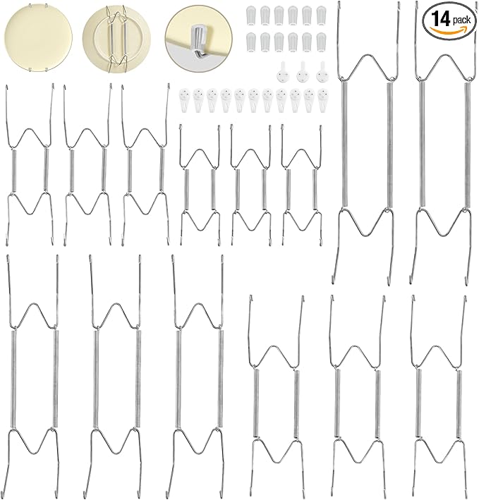 Bilillo 14 Pcs Plate Hangers for Wall - 6/8/10/12/14 Inch Invisible Plates Hanger, Stainless Steel Plate Holders with 14 Pieces Wall Hooks for 5.5 to 15.5 Inch Decorative Plates and Arts (Silver)