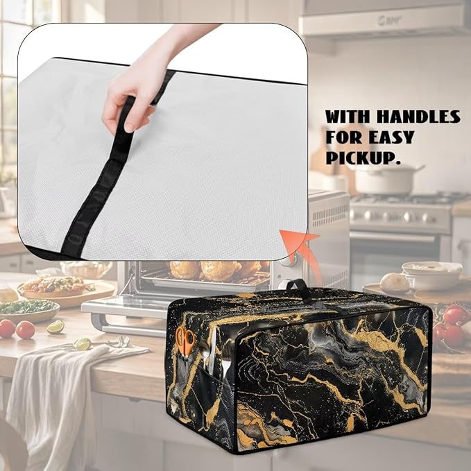 Air Fryer Toaster Oven Dust Cover Dustproof Modern Design Convection Oven Cover with Side Pockets for Small Kitchen Appliances, M, 16.5 x 20.5 x 10 inches, Black Gold Marble