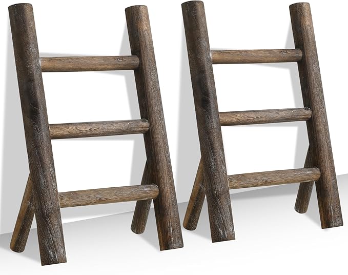 Cinnvoice 2 Pcs Wooden Tea Towel Ladder Rustic Hand Towel Stand Rack Mini Countertop Towel Stand Farmhouse Wood Counter Towel Holder for Bathroom Country Kitchen Office(Wood Color)