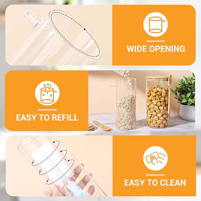 Glass Jars with Bamboo Lids and Spoons - 2 Pack 31 Fl.oz Round Flour Sugar Storage Containers Set, Includes Labels, Marker and Brush, Clear Glass Canister for Kitchen Pantry, Cereal, Rice, Pasta