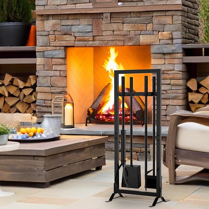 6 Pcs Fireplace Tools Set with Log Carrier, HXJLJY 34" Fireplace Accessories Sturdy Fire Tool Set Holder with Fire Poker Brush Shovel Tong Stand for Indoor Fireplace Outdoor Fire Pit Wood Stove,Square