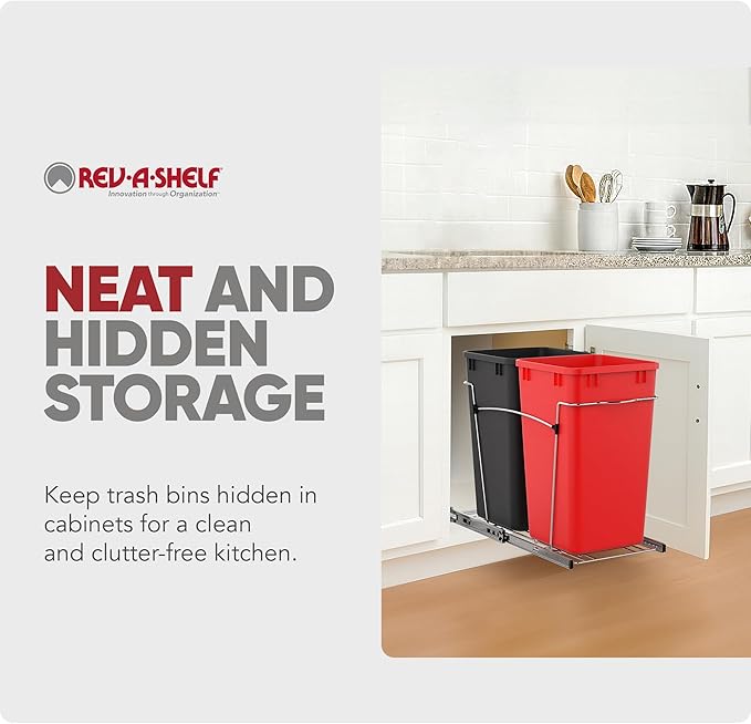 Rev-A-Shelf Pullout Trash Can for Kitchen Cabinets 27 Qt Garbage Recycling Bin with Full Extension Slides, Red/Black, RV-15KD-1618C-S