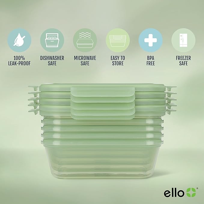 Ello Snap & Nest 10-Piece 4.5 Cup Plastic Meal Prep Set, Reusable Food Containers for Healthy Eating, Freezer, Dishwasher Safe, Sage