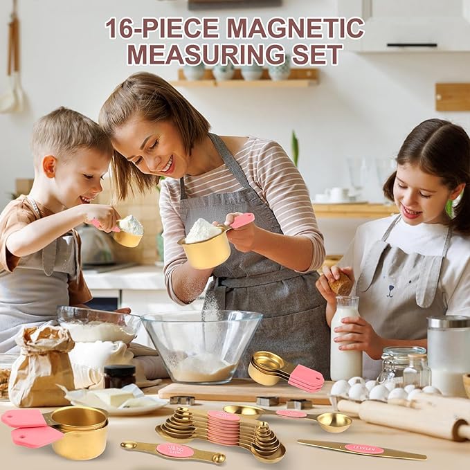 16-Piece Stainless Steel Measuring Cups and Spoons Set, Strong Magnetic Nesting Design 7 Cups 8 Spoons with Leveler, Double Measurement Markings for Dry & Liquid Ingredients, Pink & Gold