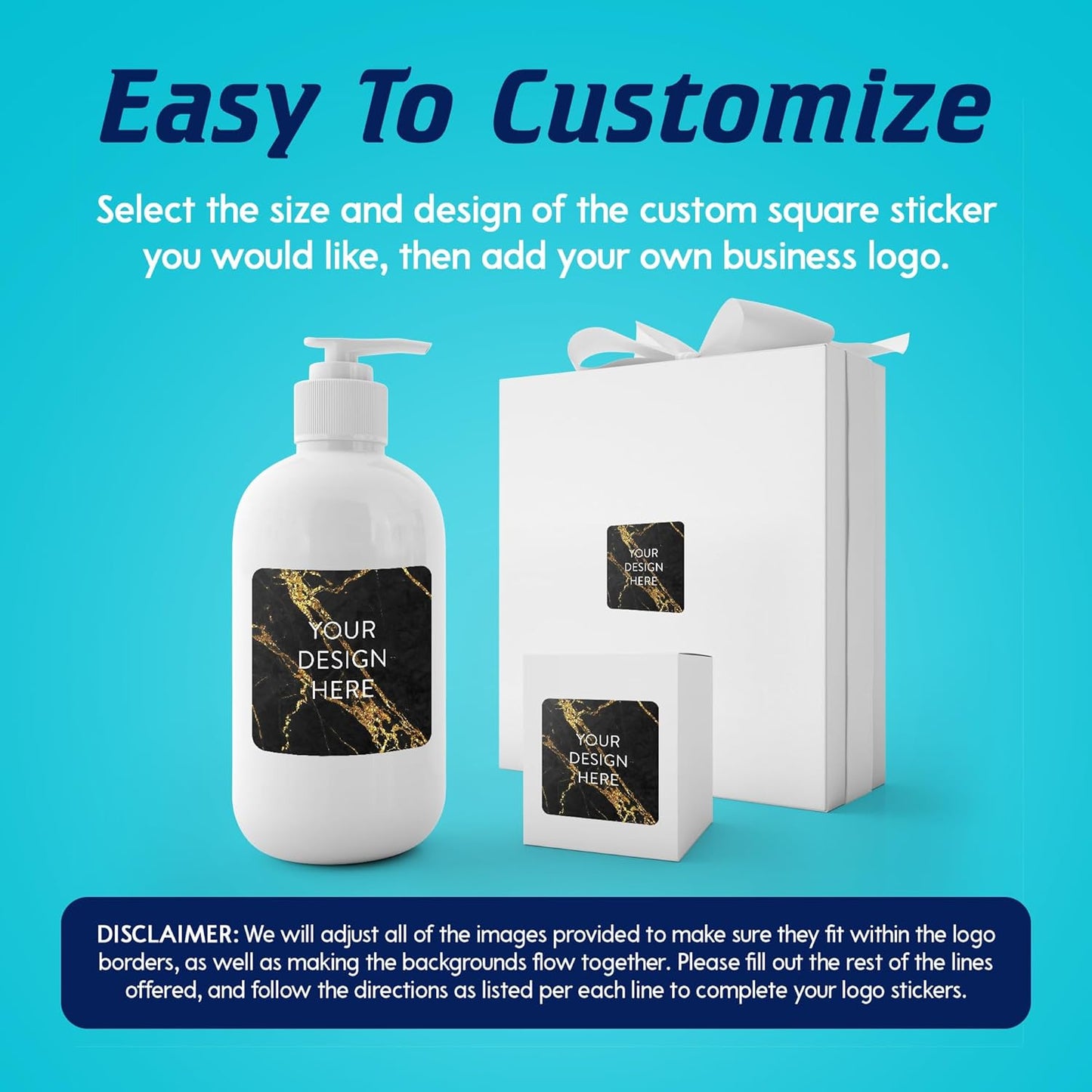 100 Custom Vinyl Stickers - Upload Your own Image, Text, Design, Logo - Personalized Logo Labels for Handmade, Packaging, Bottle, Jars, Candle, Brand Stickers (Black Gold Marble, 2x2 Square)