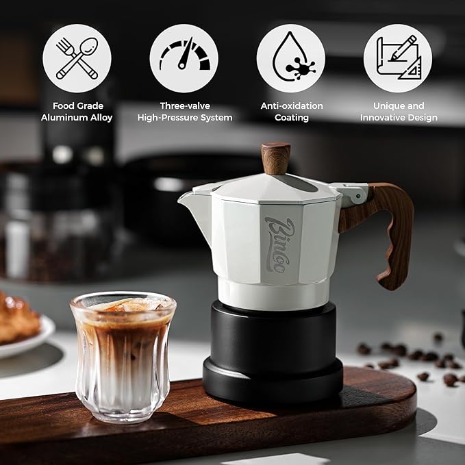 Bincoo Three Valve Espresso Maker Stovetop,Camping Moka Pot 2 Cup/120ML,Stove Top Espresso Italian Coffee Maker,Easy to Use