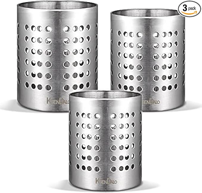 KSENDALO Metal Utensil Holder Set, Small SUS304 Steel Utensil Holder Flatware Silverware Spatulas Utensils Drying Rack for Kitchen Countertop, Kitchen Home Office Organizers ,Silver (3 Pack)