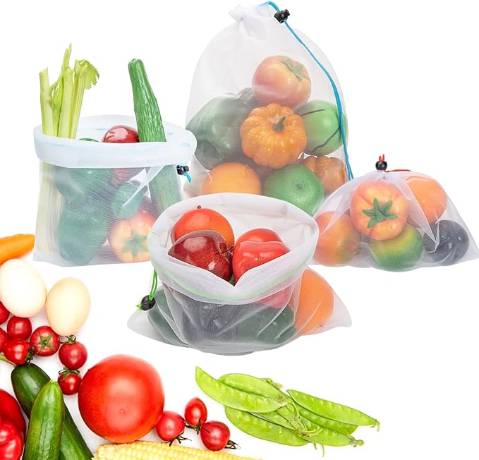 Set of 12 Reusable Mesh Produce Bags - Medium (12"x14") - Green - Polyester - Washable - Drawstring Closure