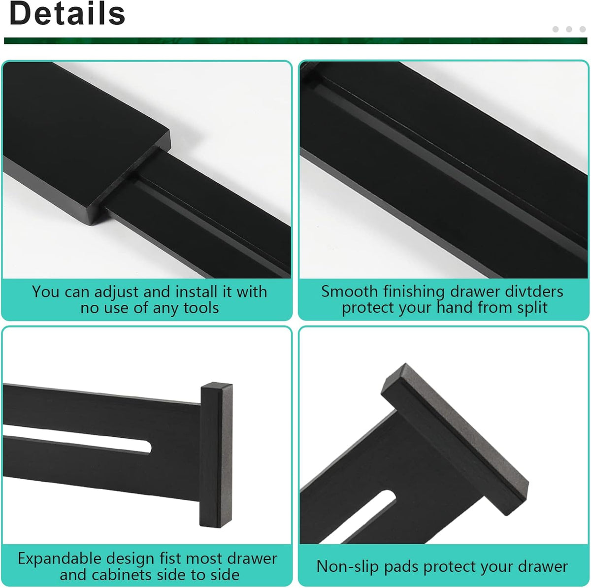 FJO 4 Pack Adjustable Bamboo Drawer Dividers - 11.8" - 17" Expandable Drawer Separators for Kitchen, Utensils, Clothes, Bedroom, Dresser, Bathroom (Black)