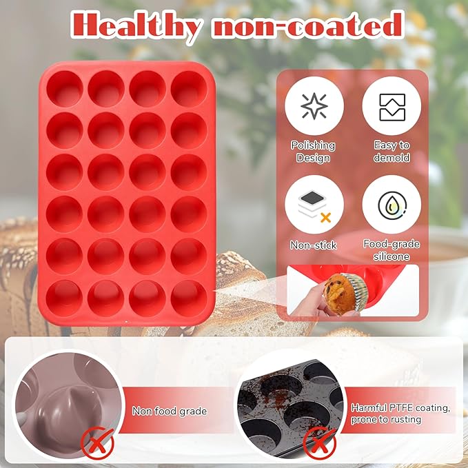 3 Pcs Silicone Muffin Pan Set, Silicone Muffin Pans for Baking Red 24/12/6 Cups Mini/Regular/Large Non-Stick Cupcake Pan for Kitchens, Restaurants, Bakeries