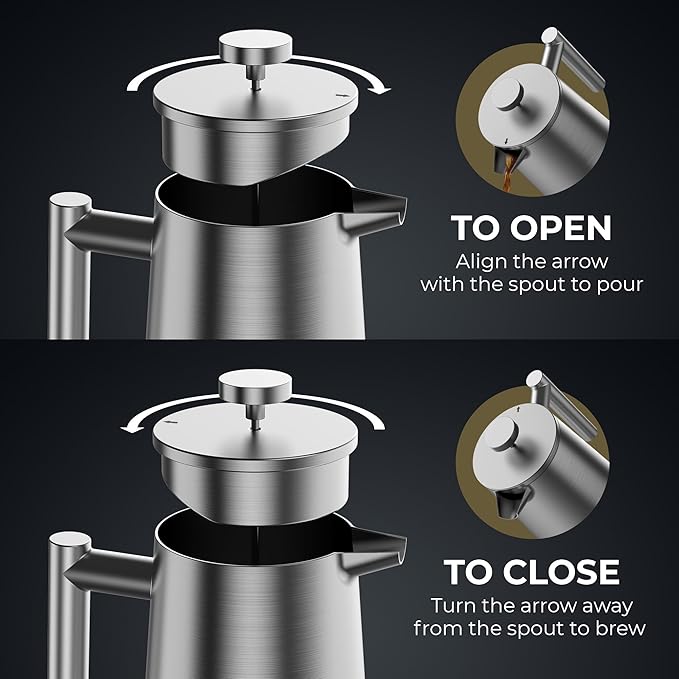 French Press Coffee Maker, Stainless Steel French Press, 34 Oz / 1L, Large Insulated Double Wall Coffee Maker with 3 Extra Mesh Filters, Satin Finish, Silver