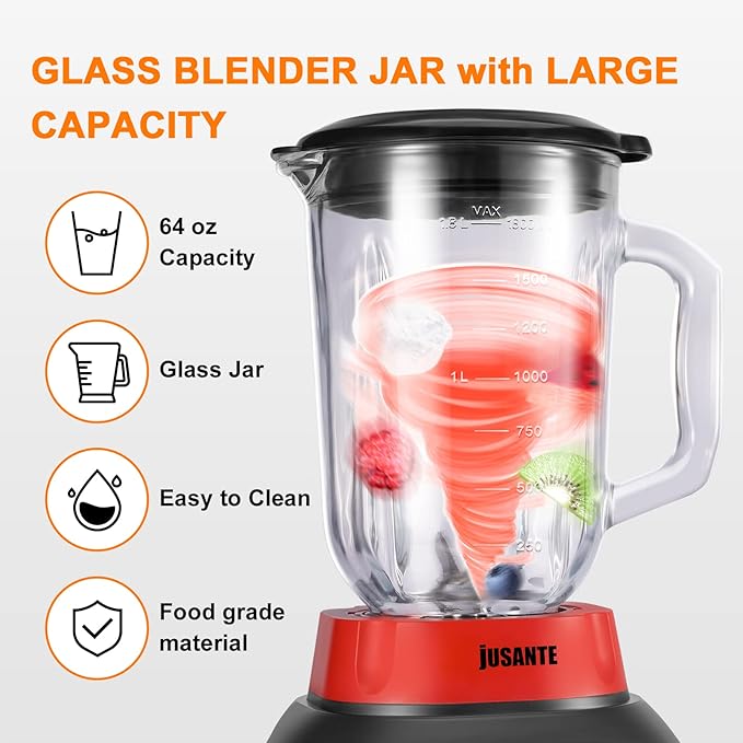 JUSANTE Blender, Countertop Blender for Smoothies with 64 oz Glass Jar Kitchen, 1200 Watts High Speed Juicer Blender Ice Crusher for Shakes Frozen Drinks (Red)