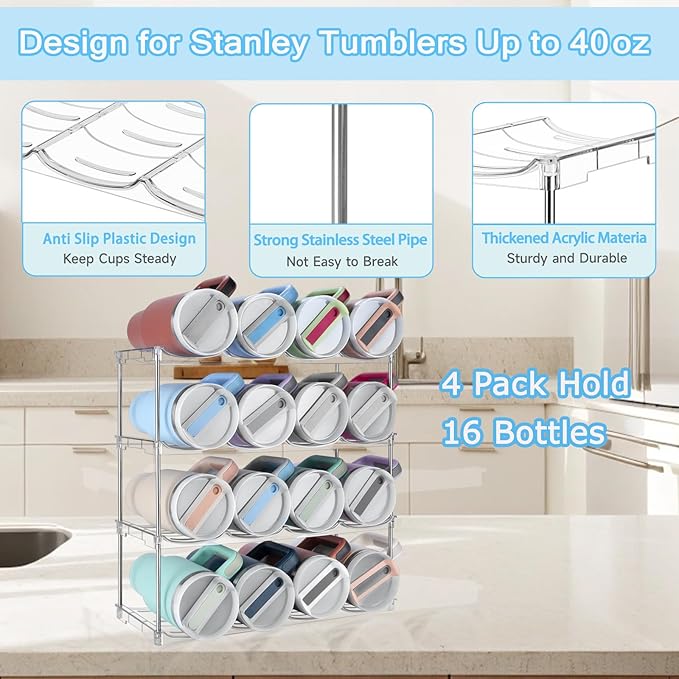 Stackable Water Bottle Organizer for Stanley 40 oz Tumbler, Larger Water Bottle Holder for Kitchen Cabinet, Pantry Organizers and Storage for Stanley Cup and Tumbler Organizer, Hold 16 Bottles