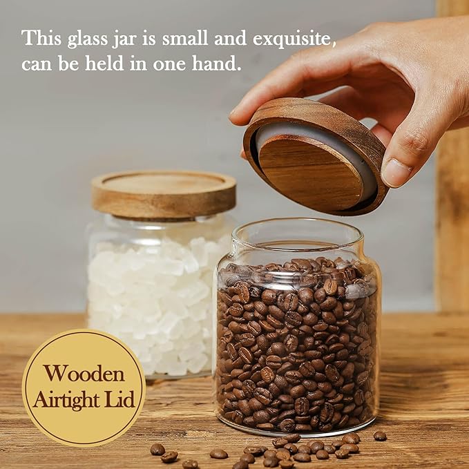 Labina Glass Storage Container Airtight Food Jars Kitchen Canister with Wood Lids, 20 Oz Wide Mouth Pantry Organization Glass Jar for Flour, Sugar, Cookie, Spagetti, Nuts and Candy (2 Pack)