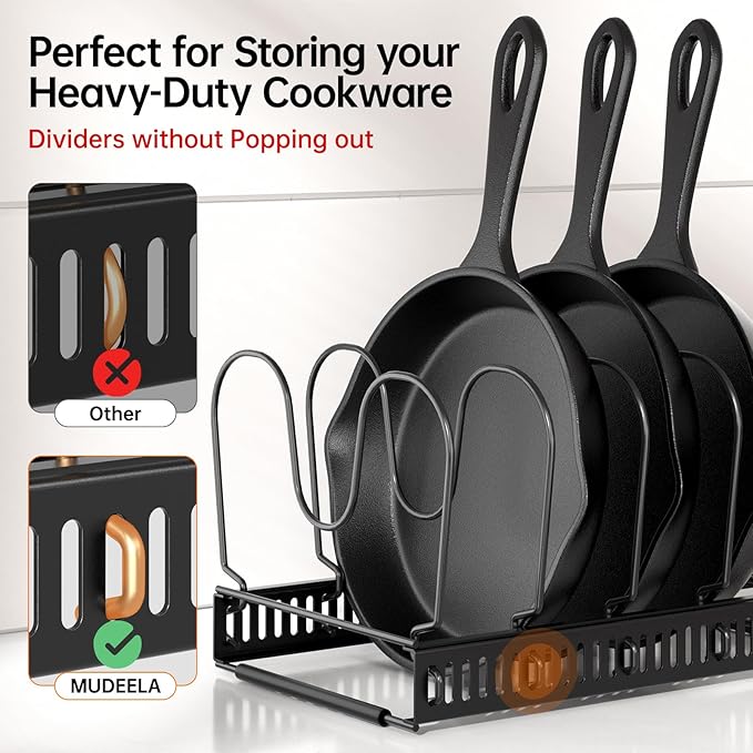 MUDEELA Expandable Pots and Pans Organizer Rack under Cabinet, Pots Lid Organizer Rack for Kitchen Cabinet Organizers and Storage with 12 Adjustable Dividers Cutting Board Holder & Anti-Scratch Strips
