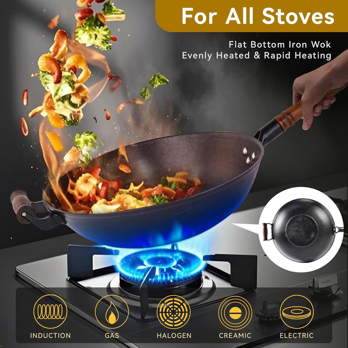 WANGYUANJI Cast Iron Wok,13.4 inch Flat Bottom Wok with Glass Lid,Suitable for All Cooktops, Uncoated Craft Pot Healthy Cooking Pot