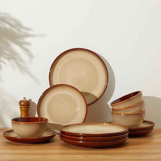 Ceramic Dish Set for 6, 18 Piece Dinnerware Set for Small to Medium Families, Reactive Glaze Design, Dishwasher & Microwave Safe, Brown Yellow