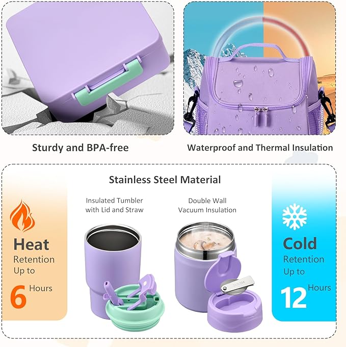 Pawtong Lunch Box Set with Bento Box Container, 17OZ Stainless Steel Food Soup Thermo, Kids Water Bottle & Portable Insulated Lunch Bag – Leakproof, Hot/Cold Retention for School, Travel (Purple)