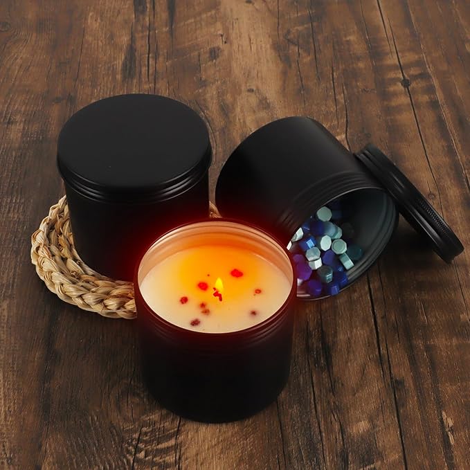 OBKJJ Black Candle Jars 10 oz Matte Tins 24 PCS Metal Candle Containers with Lids Bulk Candle Containers for Balms, Salve, Spices, Beard Balm, Crafts with 4 Markers 6 Sheets Label Stickers