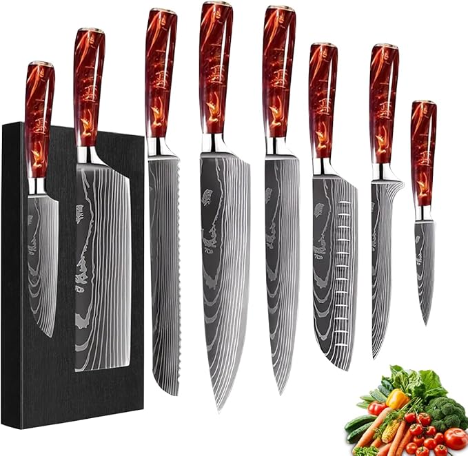 8-Piece Premium Japanese Kitchen Knife Set - Imperial Collection, Laser Damascus Pattern, 440A Stainless Steel Ultra Sharp for Fast Cutting (Red 8J)