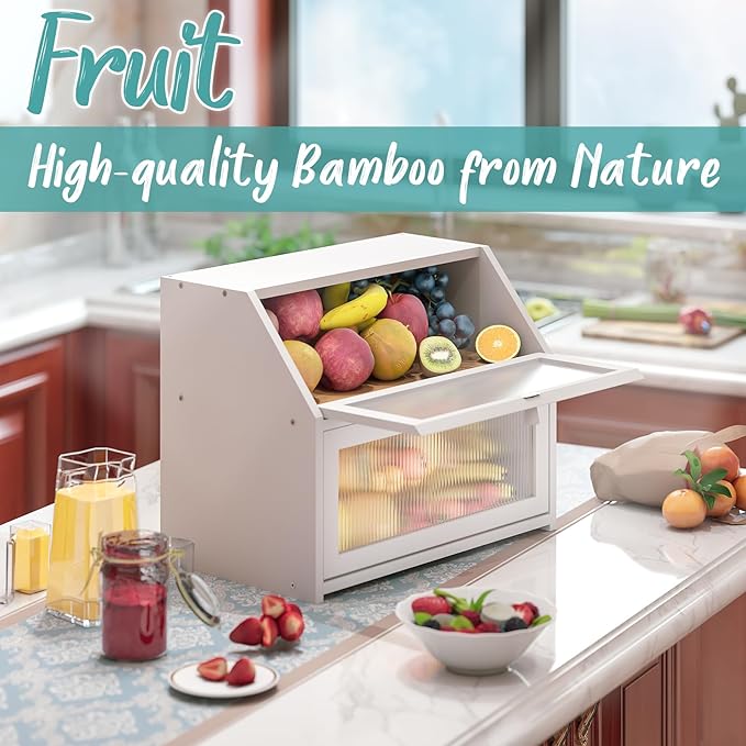 White Bread Box for Kitchen Counter, Large Bamboo Wood Double Layer Bread Box, Wooden Bread Storage Capacity